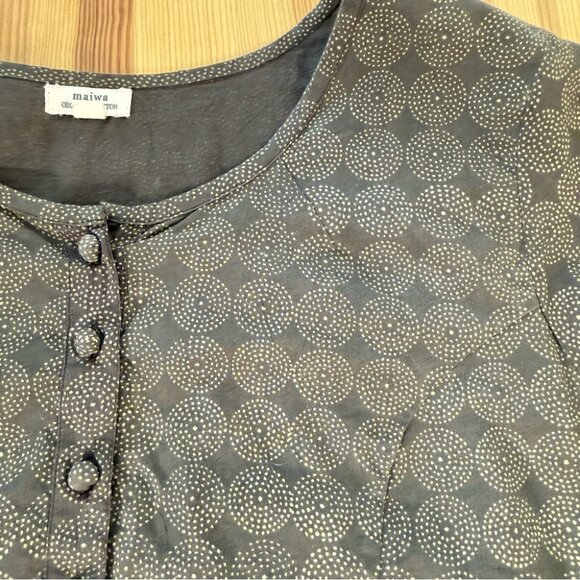 Maiwa 100% Organic Cotton Button Up Blouse Pleated Waist Detail Brown Artsy S - Picture 6 of 10